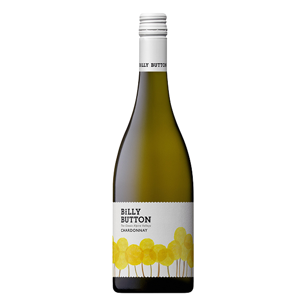 Billy Button Chardonnay, a vibrant Alpine Valleys white wine with ripe stone fruit, citrus, and subtle oak influence.