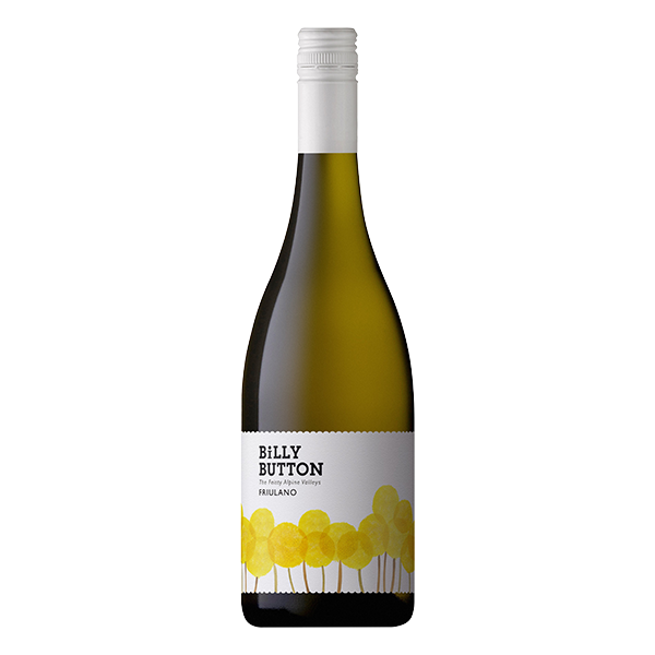 Billy Button Friulano, a textured Alpine Valleys white wine with floral, almond, and stone fruit notes.