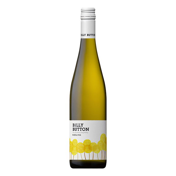 Billy Button Riesling, a zesty and refreshing Alpine Valleys white wine with citrus, floral, and mineral notes.