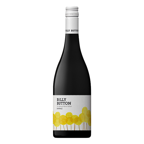 Billy Button Shiraz, a rich and spicy Alpine Valleys red wine with ripe blackberries and peppery spice.