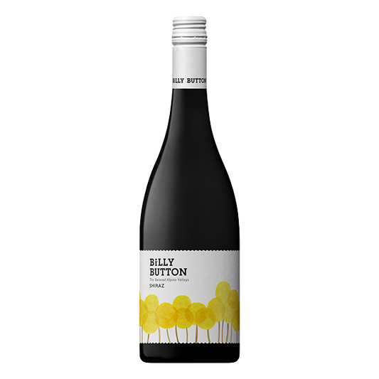 Billy Button Shiraz, a rich and spicy Alpine Valleys red wine with ripe blackberries and peppery spice.