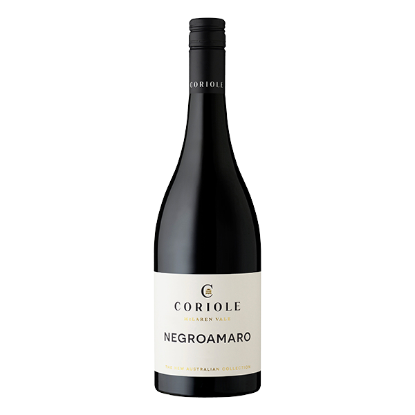 Coriole Negroamaro, a bright crimson McLaren Vale red wine with notes of spiced cherry, white pepper, and savoury tannins.