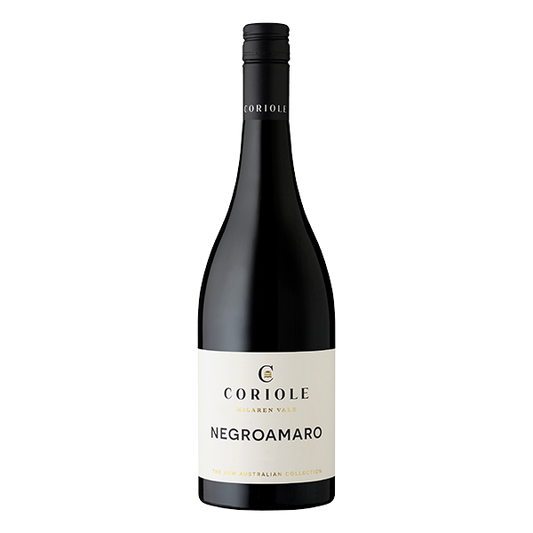 Coriole Negroamaro, a bright crimson McLaren Vale red wine with notes of spiced cherry, white pepper, and savoury tannins.