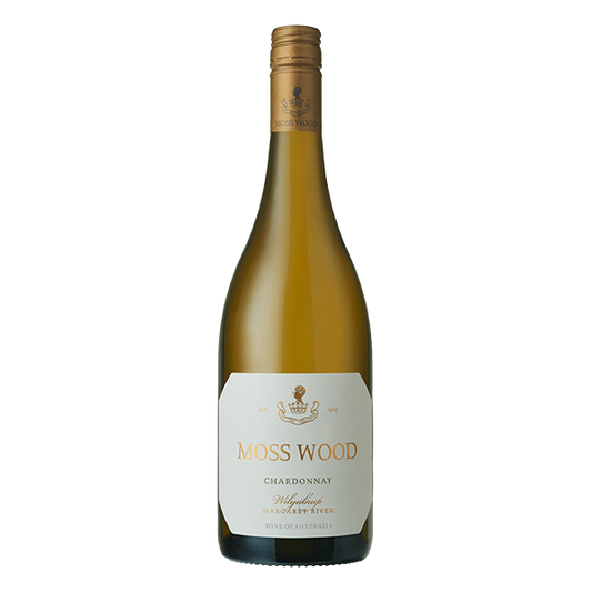 Moss Wood Chardonnay, a benchmark Margaret River white with ripe peach, cashew, and elegant minerality.