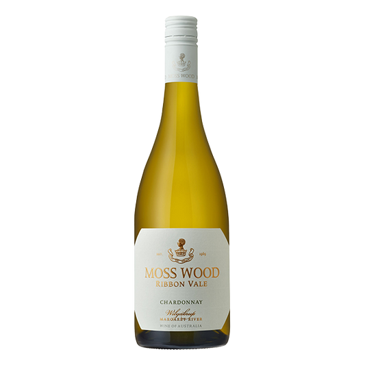 Moss Wood Ribbon Vale Chardonnay, a vibrant Margaret River white wine with citrus, stone fruit, and creamy oak influence.