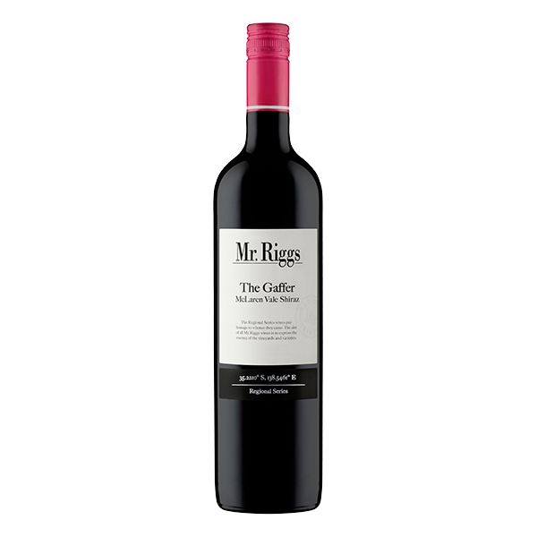 Mr. Riggs The Gaffer Shiraz, a vibrant McLaren Vale red wine with red berries, warm tannins, and a silky texture.