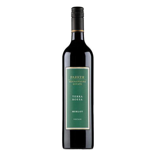 Parker Estate Terra Rossa Merlot, a rich Coonawarra red wine with mulberry, dark chocolate, and fine tannins.