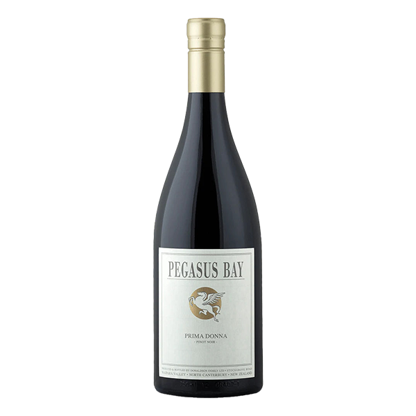 Pegasus Bay Prima Donna Pinot Noir, an intense North Canterbury red wine with pomegranate, cedar, and fine-grained tannins.